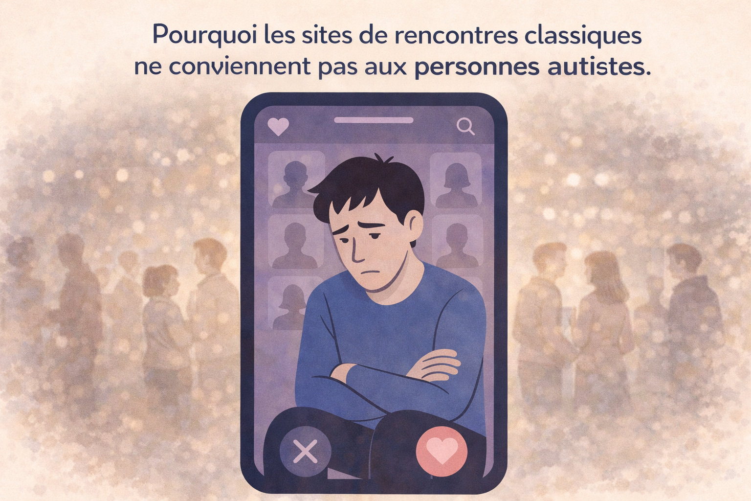 Jeune homme autiste triste qui utilise une application de rencontre classique non adapté à ses besoins